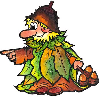 Ein kleiner Wichtel mit einem Umhang aus verschiedenen Blättern und einer Buckeckernhülle als Hut.  (Comic-Zeichnung)
