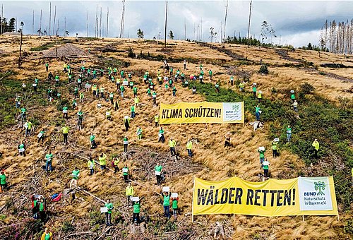 Das Foto zeigt viele Personen vom Bund Naturschutz verstreut auf einem kahlgeschlagenen Bergrücken mit Plakaten.